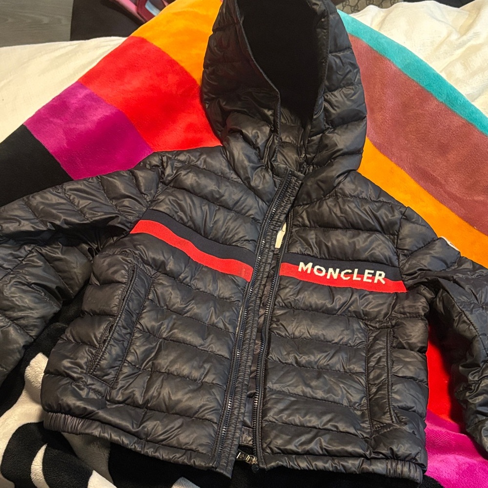Moncler Navy Puffer Jacket with Red Stripe